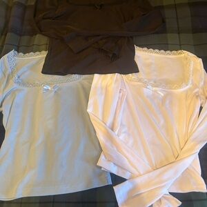 3 Black, Blue, and Cream BABYDOLL Square neck Long Sleeve Tops with Lace Trim